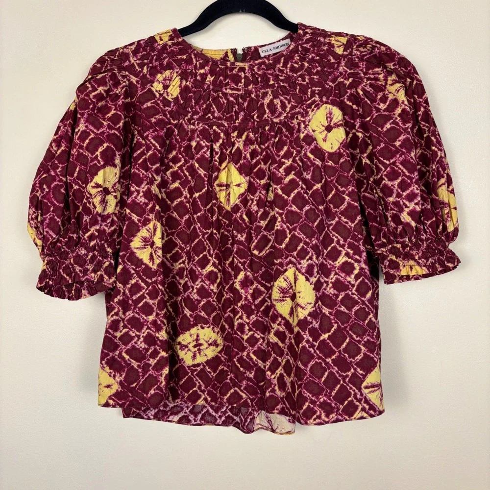 ULLA JOHNSON 100% Cotton Carmela Blouse In Brick Maroon Women Size 4 Puff Sleeve